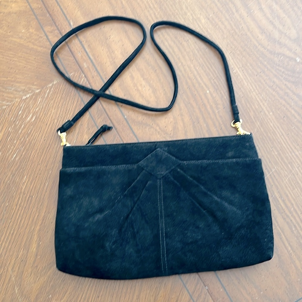 Vintage suede leather black shoulder bag w/ clip on strap Nordstrom